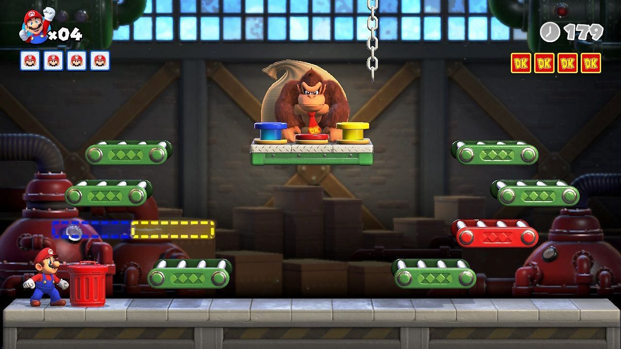 Boss fight against the titular toy-stealing gorilla in Mario vs. Donkey Kong (Image via Nintendo)