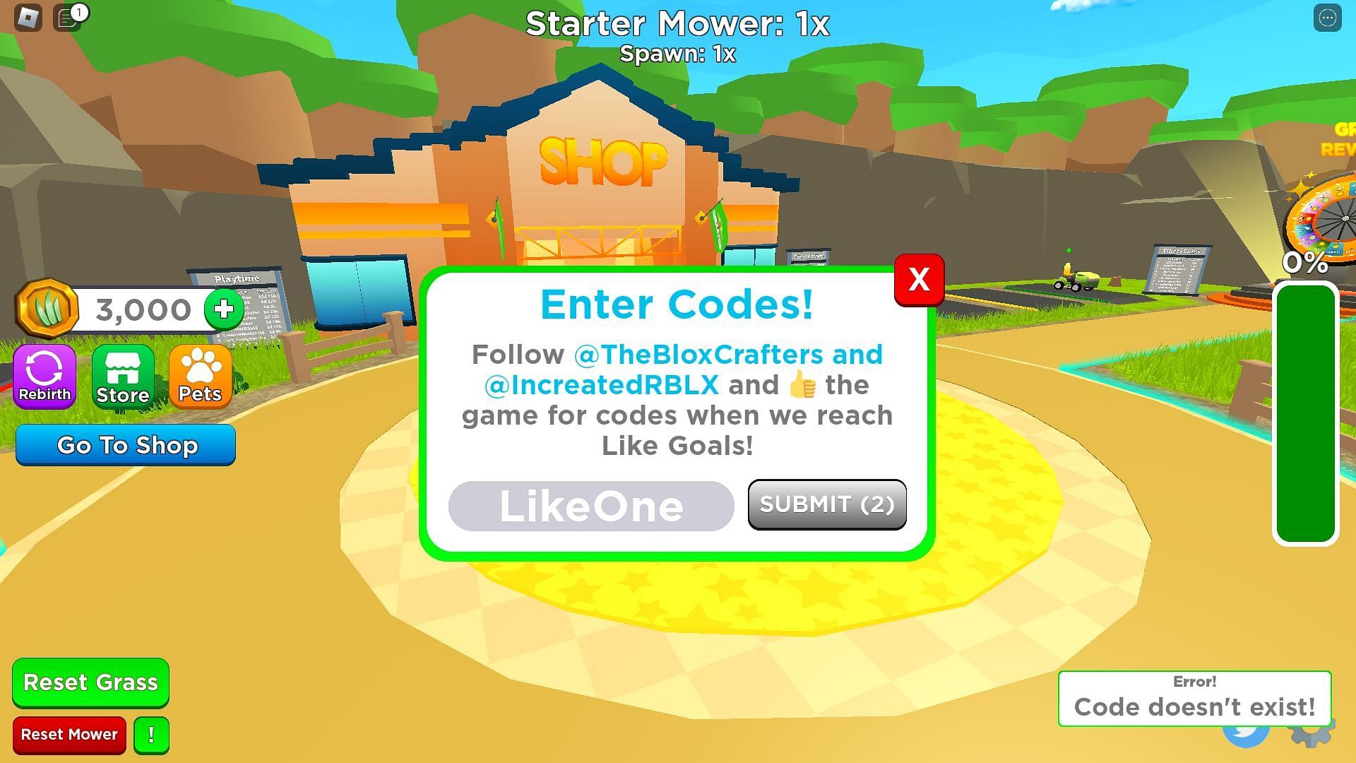 Troubleshooting codes for Lawn Mower Simulator (Image via Roblox)