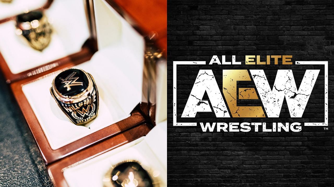 WWE Hall of Famer ring (left) and AEW logo (right)