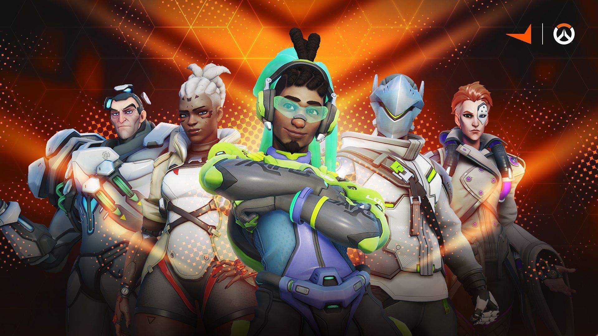 Lucio, Genji, Moira, Sojourn, and Sigma as a cover photo for Overwatch x Faceit collaboration