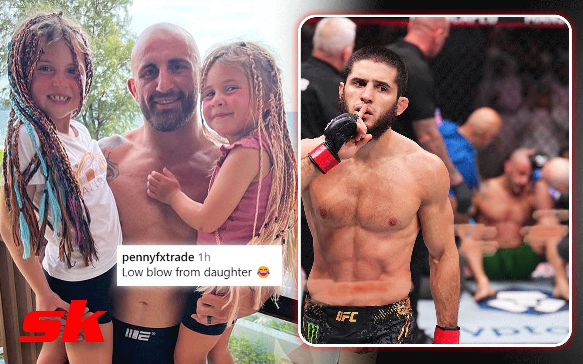 Fans react to Alexander Volkanovski (left) getting trolled by his daughter for Islam Makhachev (right) loss [Image via: @alexvolkanovski and @islam_makhachev on Instagram]