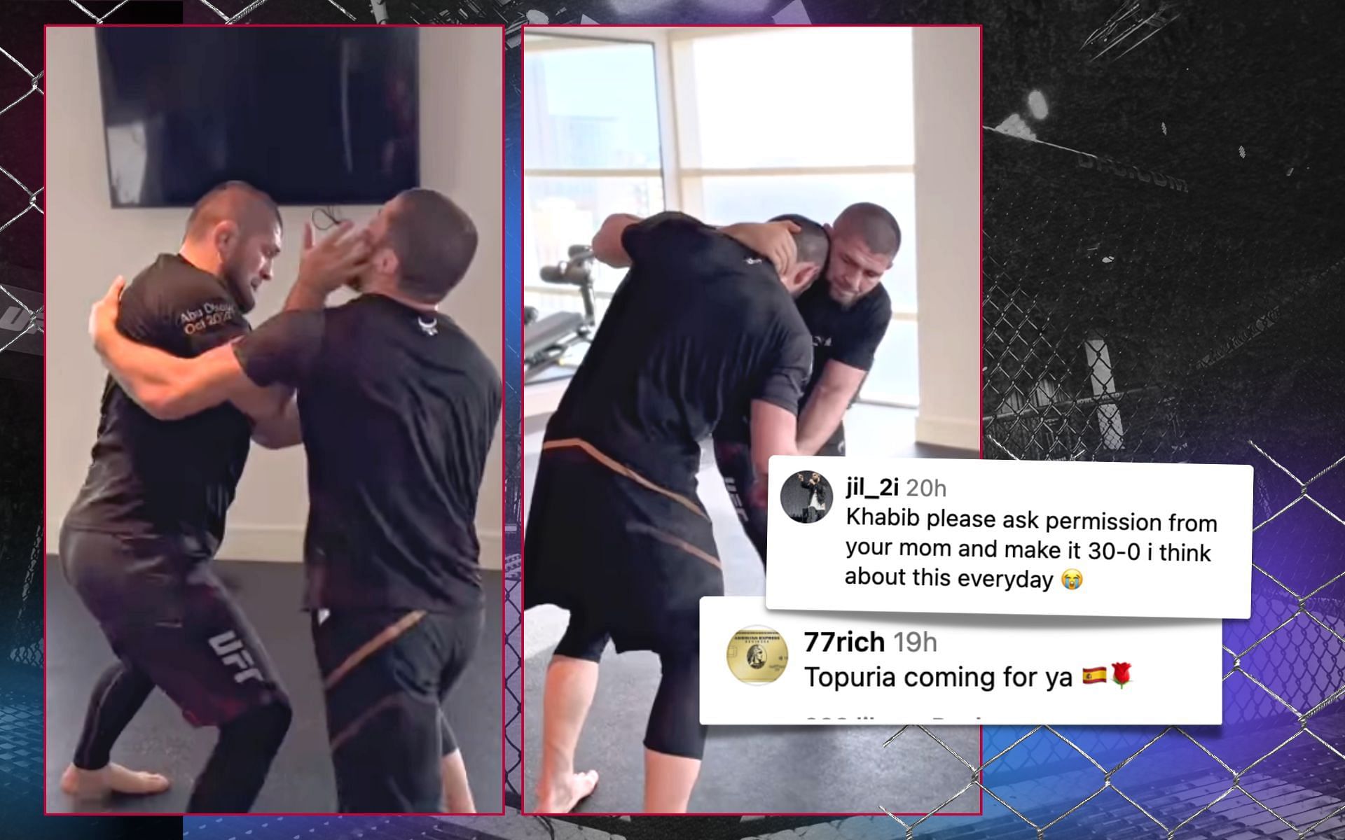 Khabib Nurmagomedov (left) engages in a wrestling session with Islam Makahchev (right); fans react. [Image credits: @juraze on Instagram]
