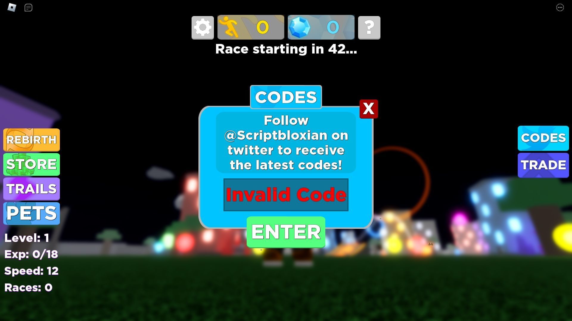 Invalid code error in Legends of Speed (Image via Roblox)