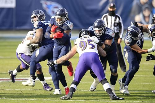 Derrick Henry during Wild Card Round - Baltimore Ravens v Tennessee Titans