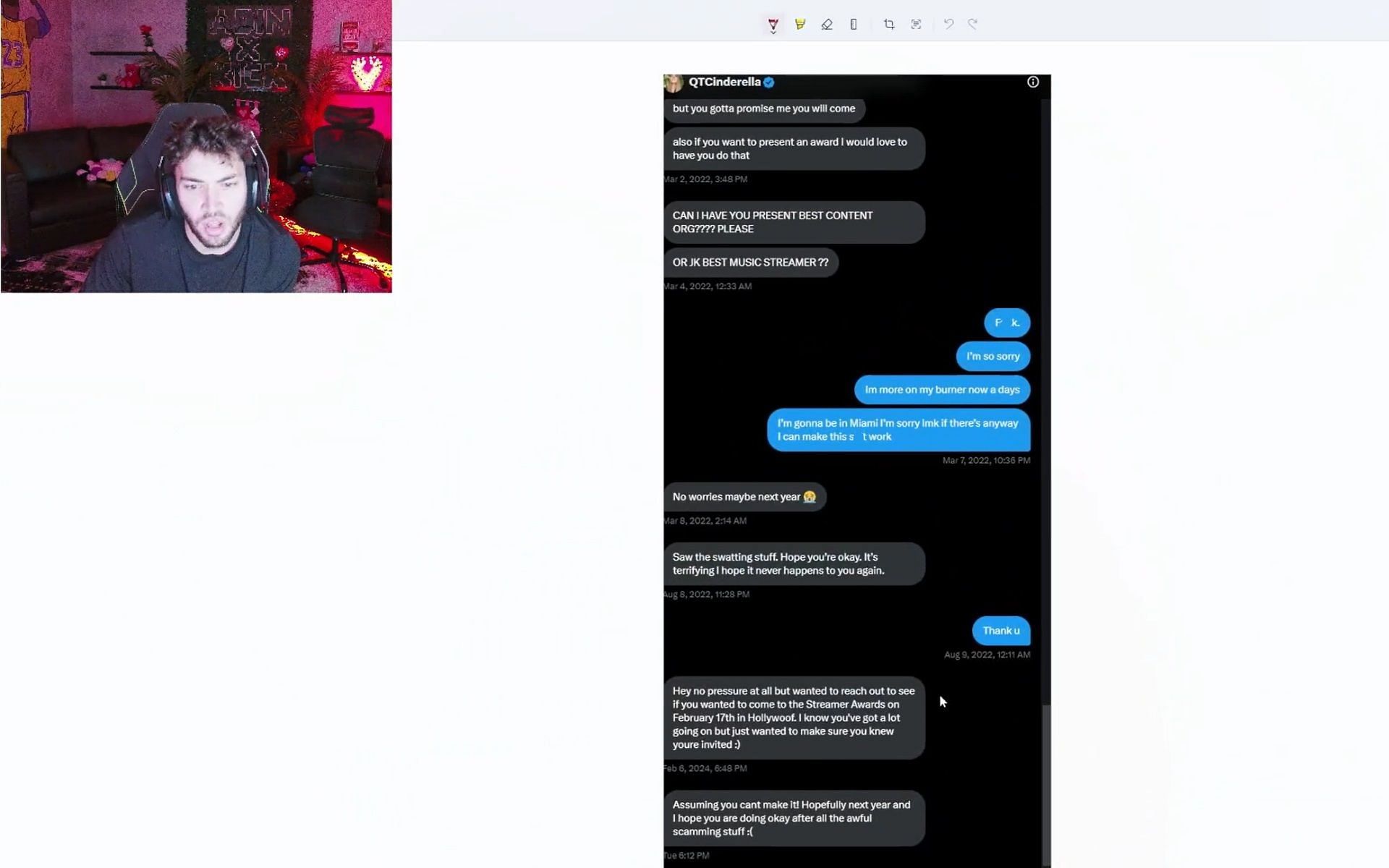 Adin Ross leaks DMs with QTCinderella (Image via Kick.com/AdinRoss)