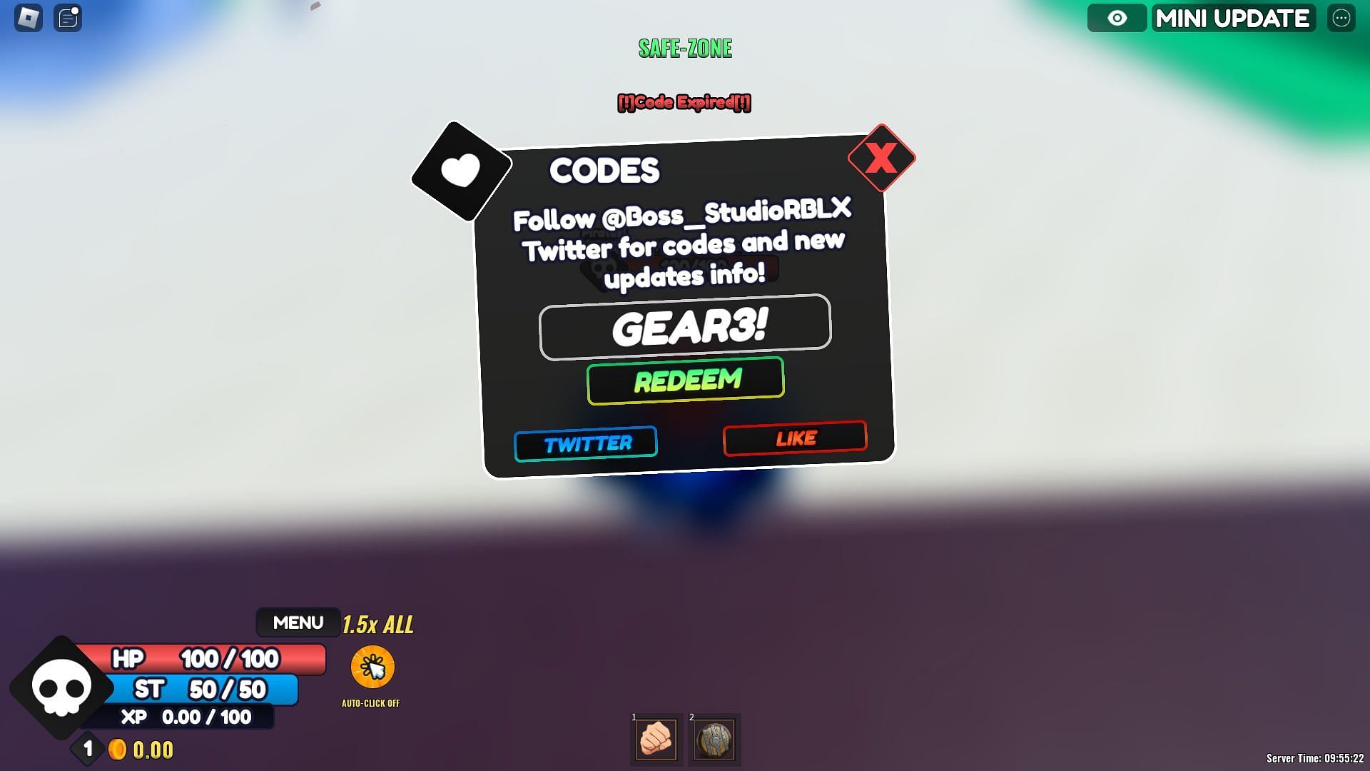 Entering an inactive code in One Fruit Simulator (Image via Roblox)