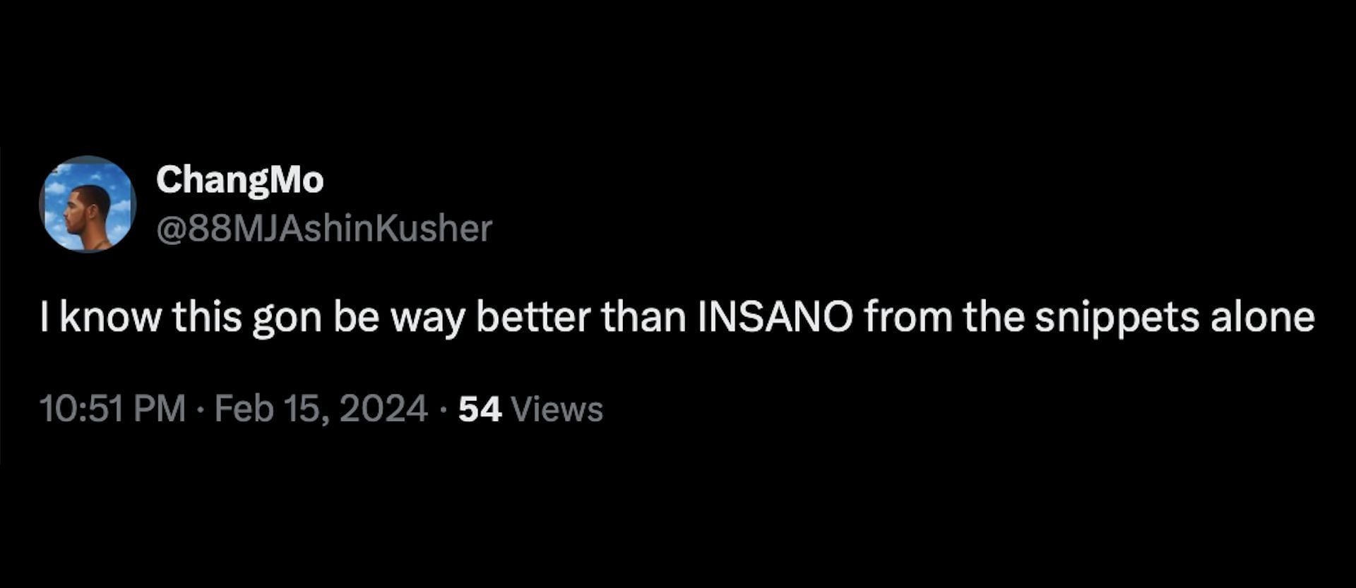 Screenshot of a fan reacting to the INSANO Deluxe announcement (Image via X/@88MJAshinKusher)