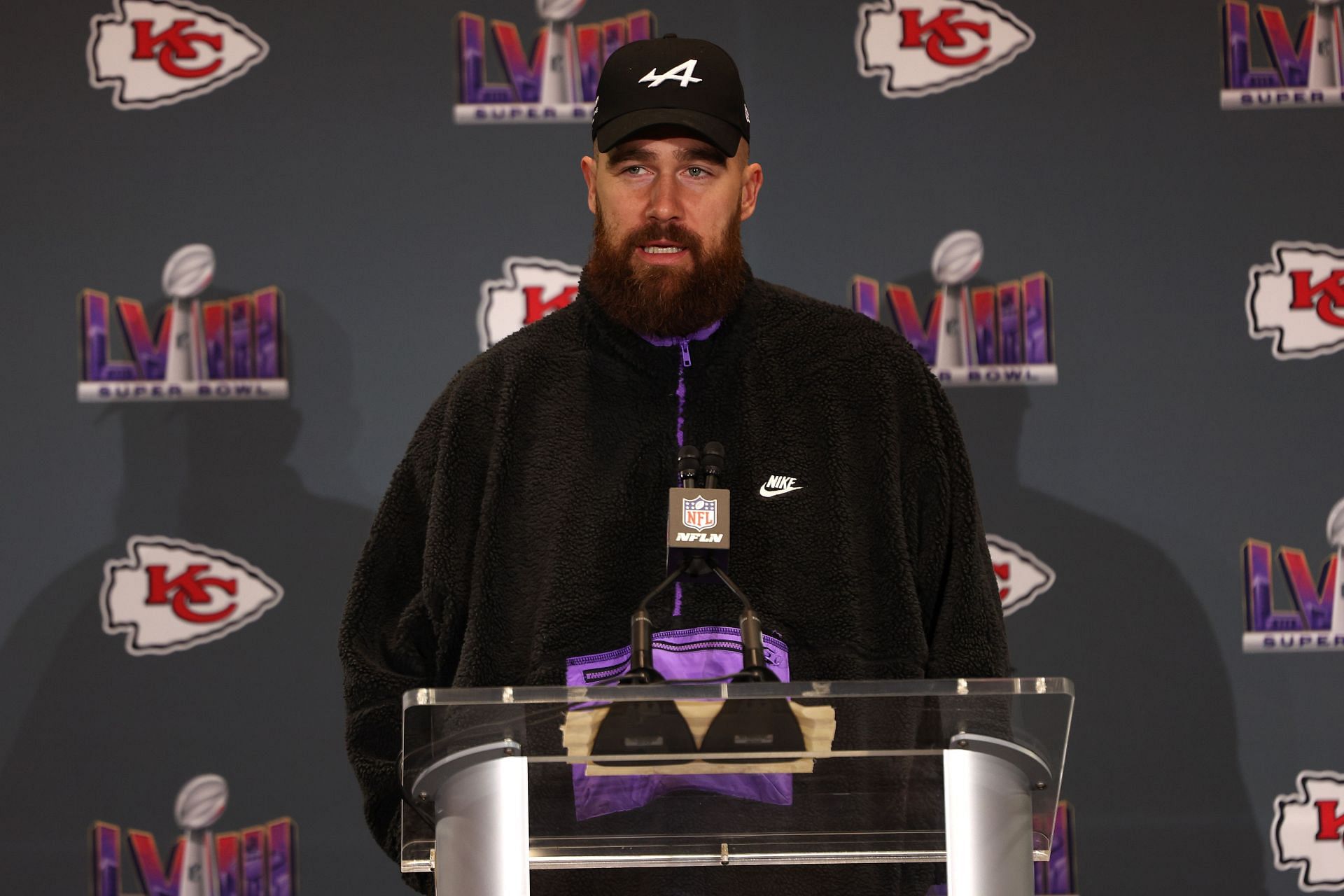 Travis Kelce at Super Bowl LVIII - Kansas City Chiefs Media Availability