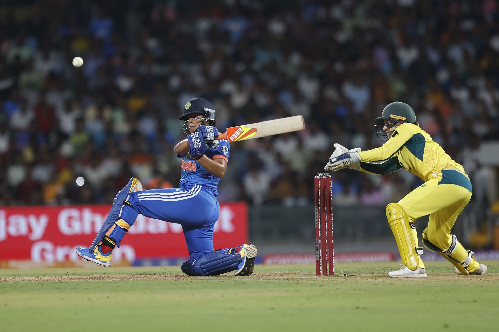 Richa Ghosh sweeps: India v Australia - Women&#039;s T20: Game 3