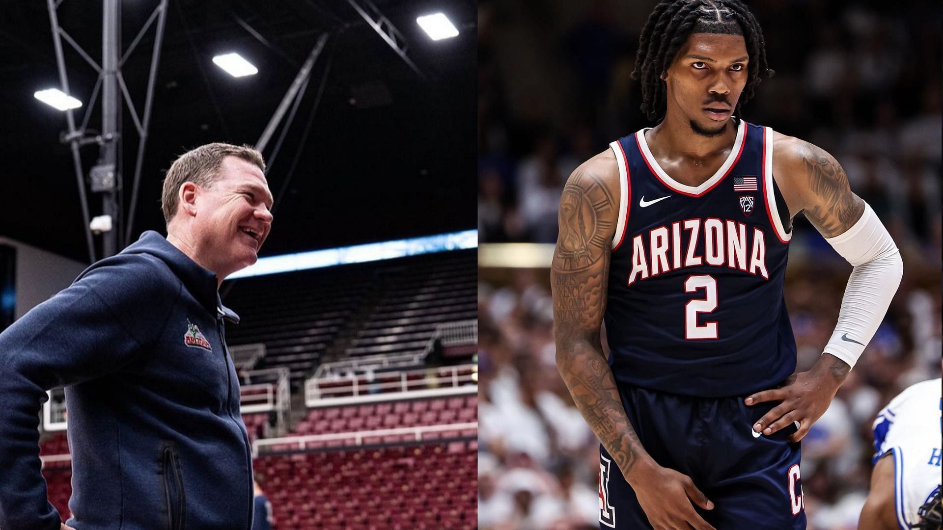 Arizona coach Tommy Lloyd and Caleb Love 