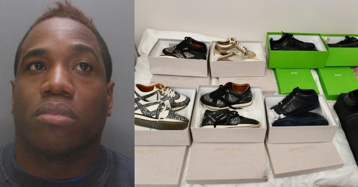 Wayne McKenzie (left), and the luxury shoes uncovered from his apartment (Image via NCA, UK)