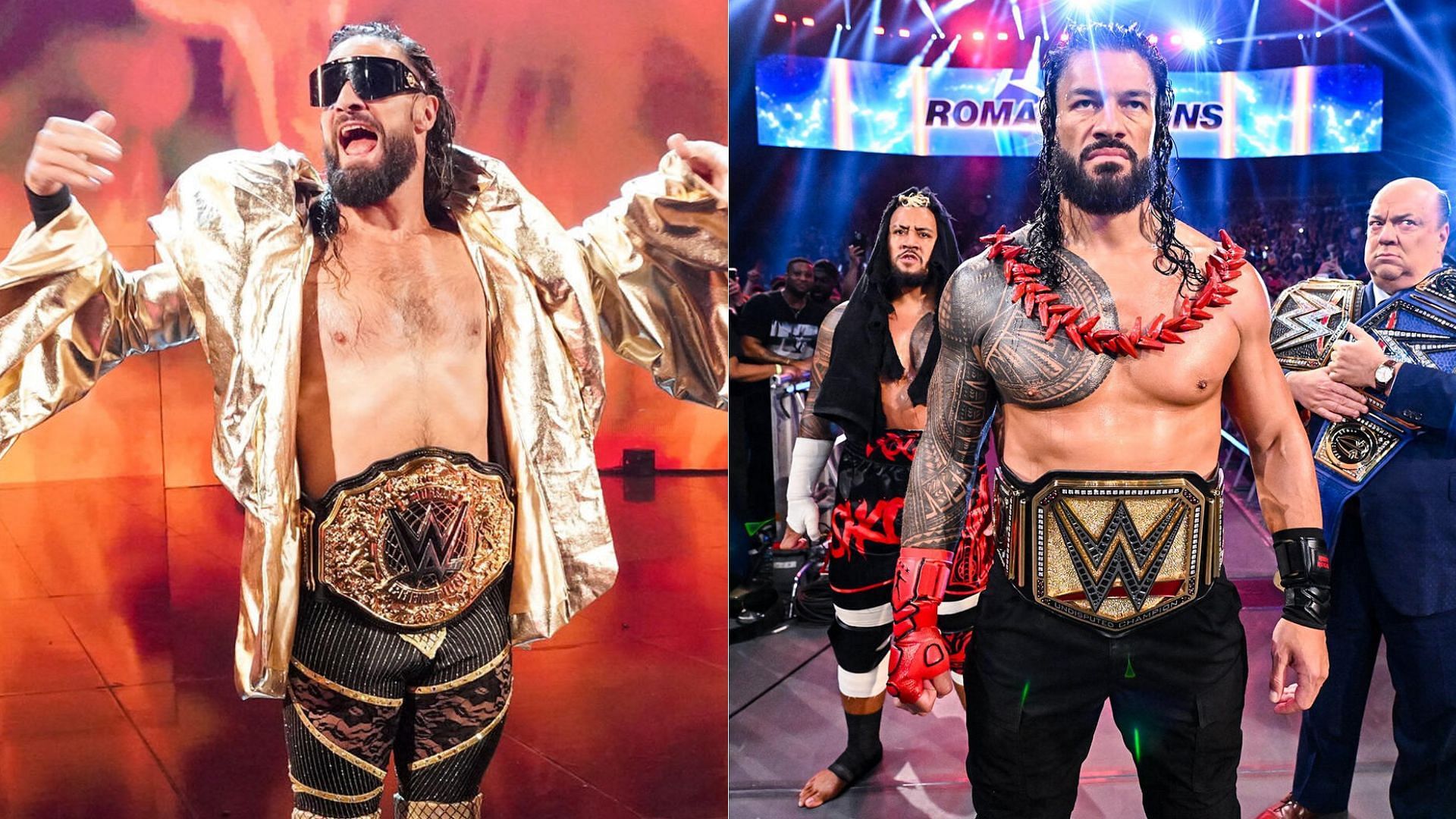 Seth Rollins (left); Solo Sikoa, Roman Reigns, and Paul Heyman (right)