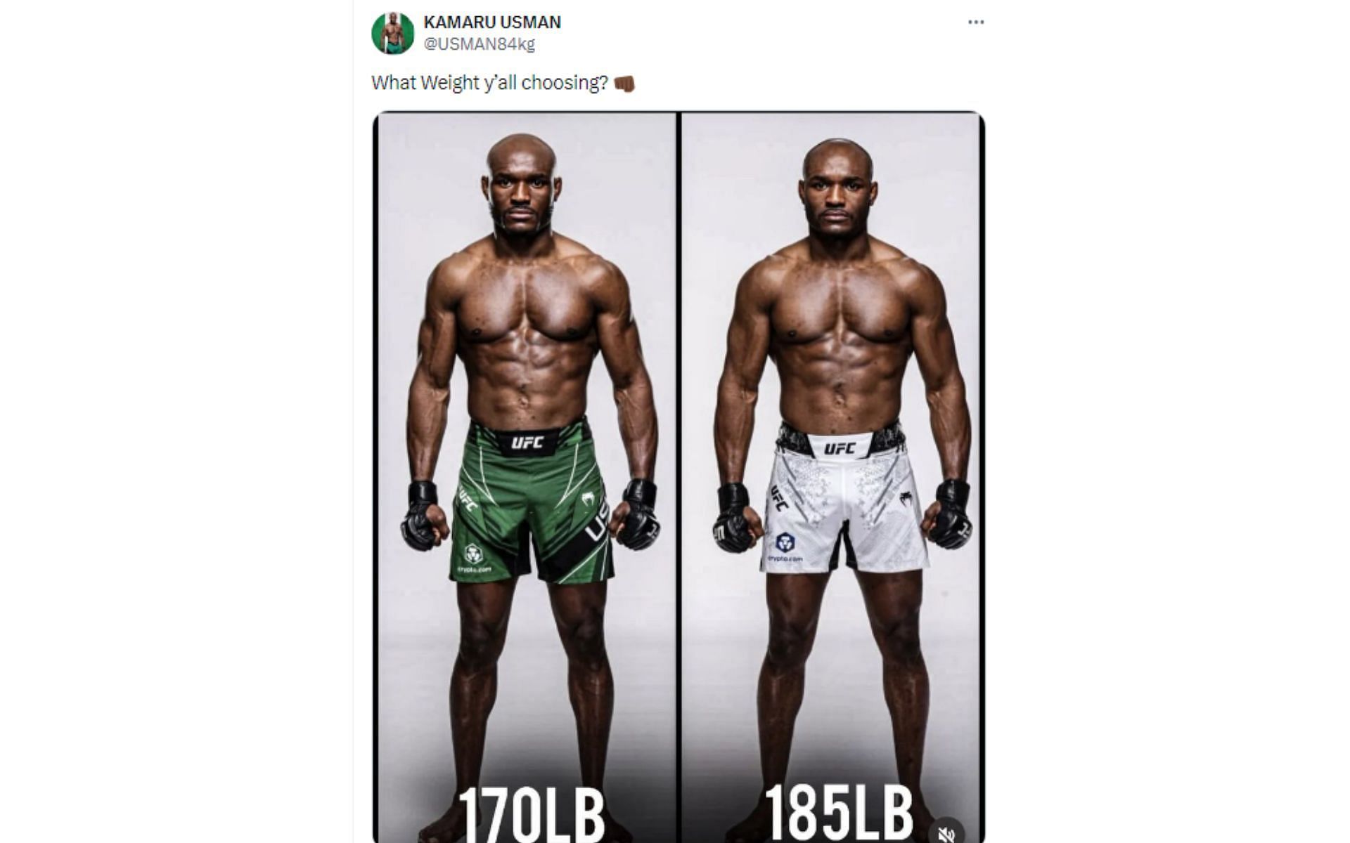 Usman&#039;s tweet regarding which weight he should compete at [Image courtesy: @USMAN84kg - X]