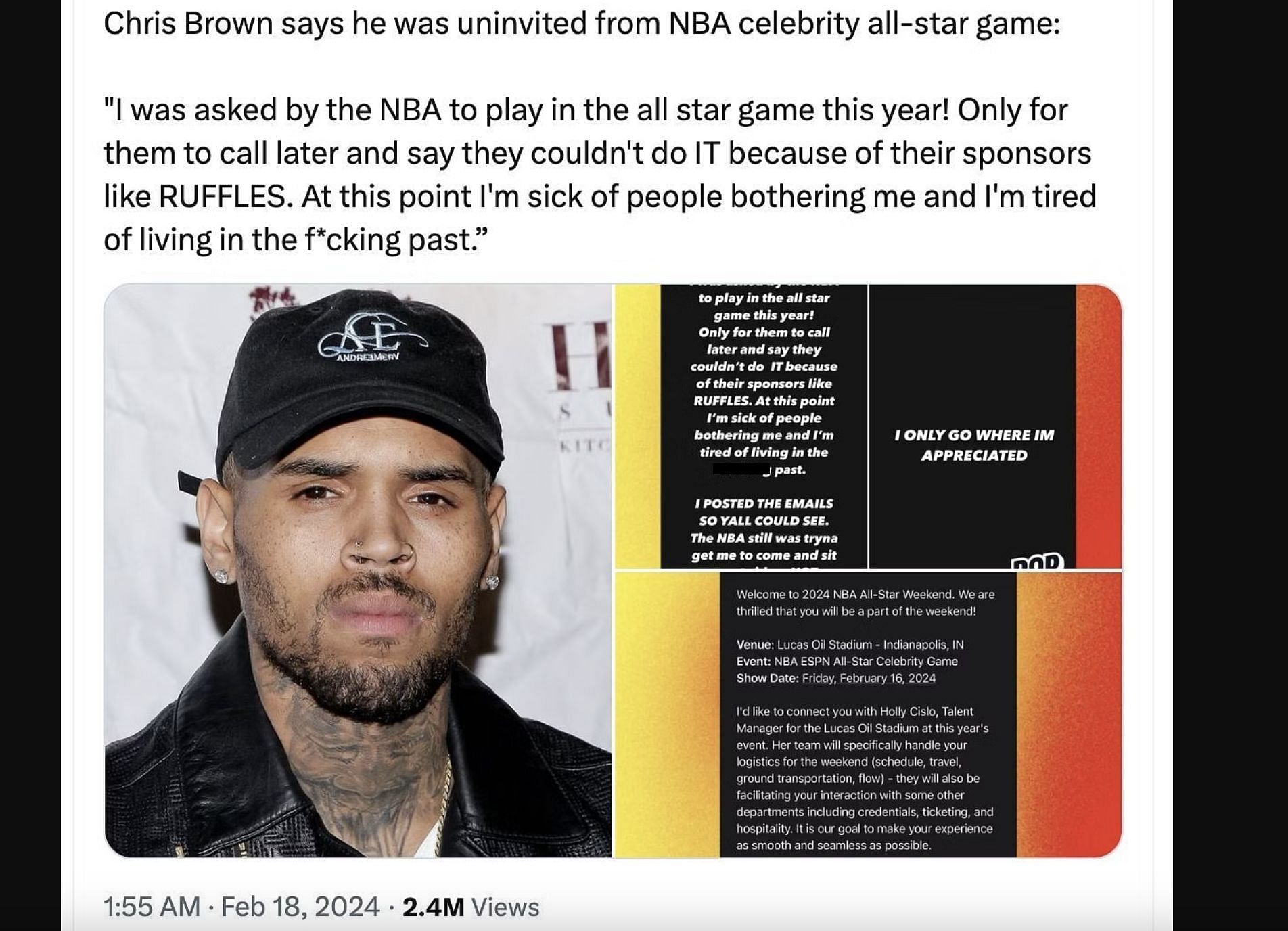 Netizens reacted to Brown&#039;s claims of the NBA disinviting him from the All-Celebrity game held on February 16. (Image via @PopCrave/ X)