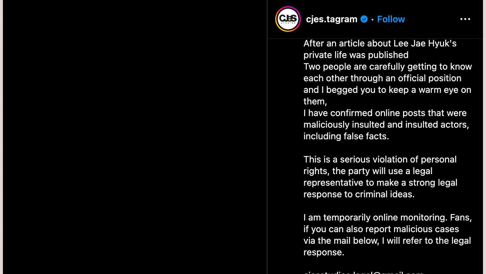 C-Jes Entertainment issues statement on Instagram to take legal action against perpetrators. (Image via Instagra/@ cjes.tagram &amp; translation via Google)