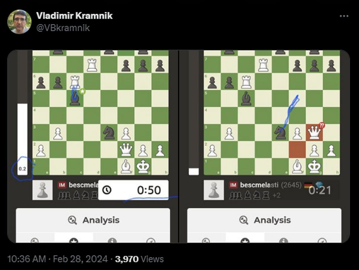 Kramnik posts screenshots of Jospem&#039;s matches in the latest TT (Image via X)