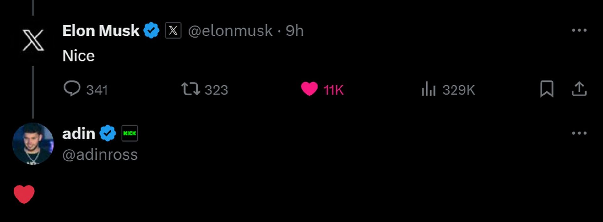 Adin responds to Elon&#039;s comment on his video (Image via X)