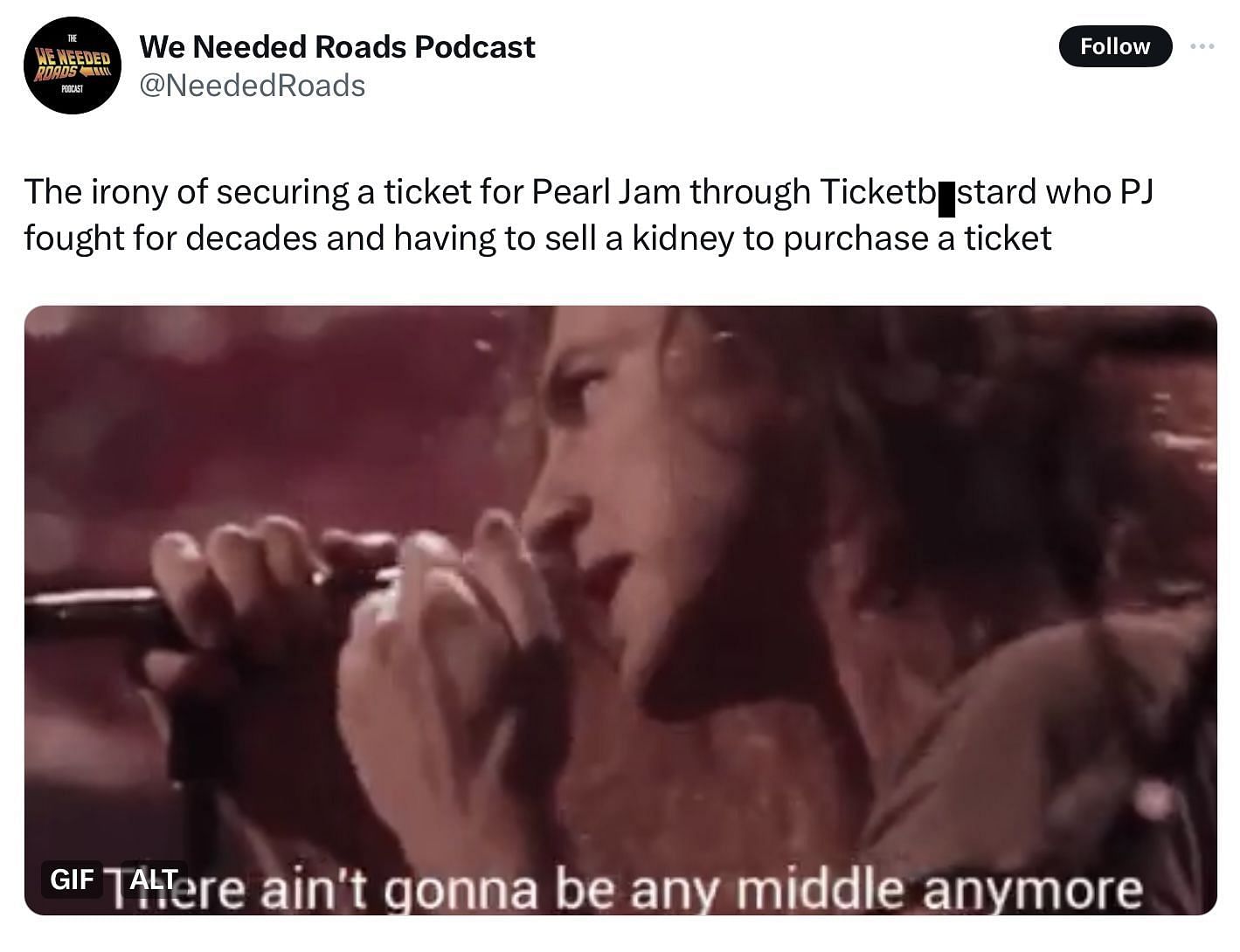Pearl Jam fans complain about concert ticket prices on X (Image via @NeededRoads/X)