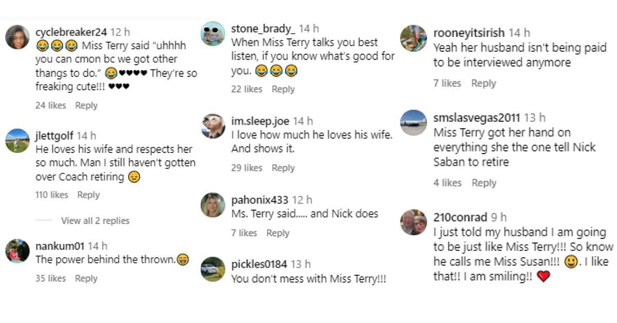 Screenshots of hilarious reactions to Coach Saban&#039;s unexpected moment with Miss Terry via Instagram