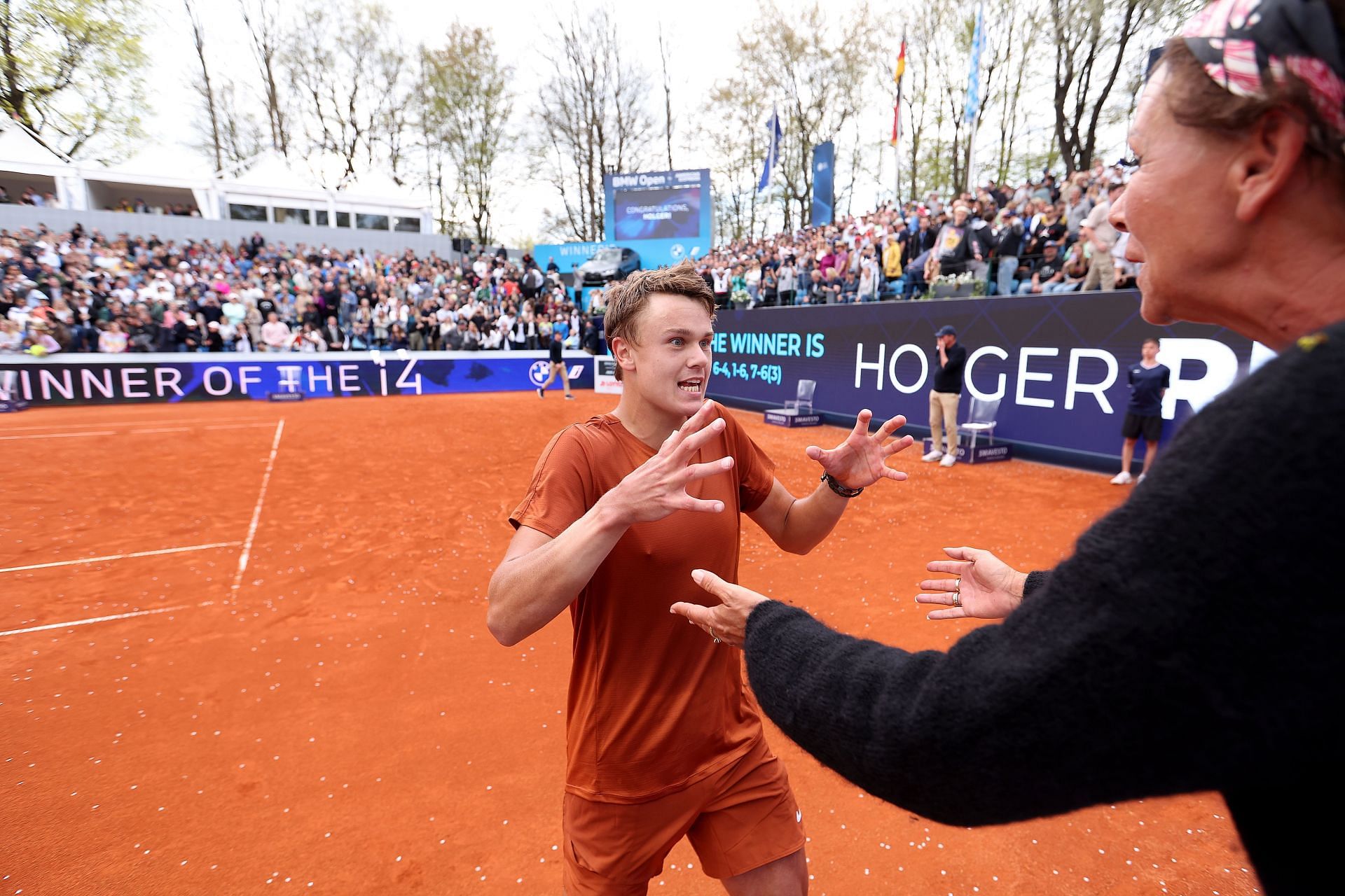 Holger Rune celebrates with his mother Aneke at the 2023 BMW Open