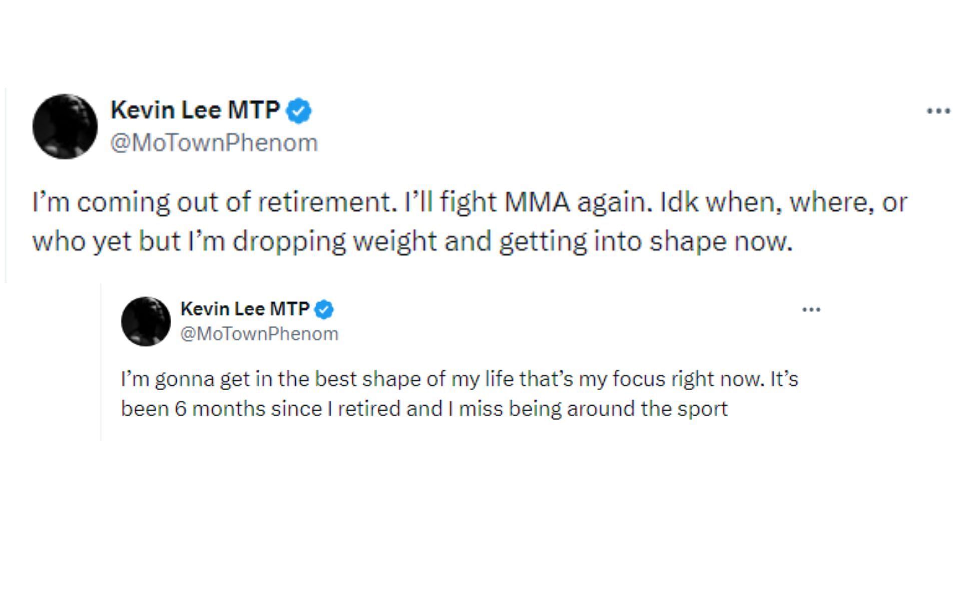 Kevin Lee&#039;s tweets regarding coming out of retirement [Image courtesy: @MoTownPhenom - X]