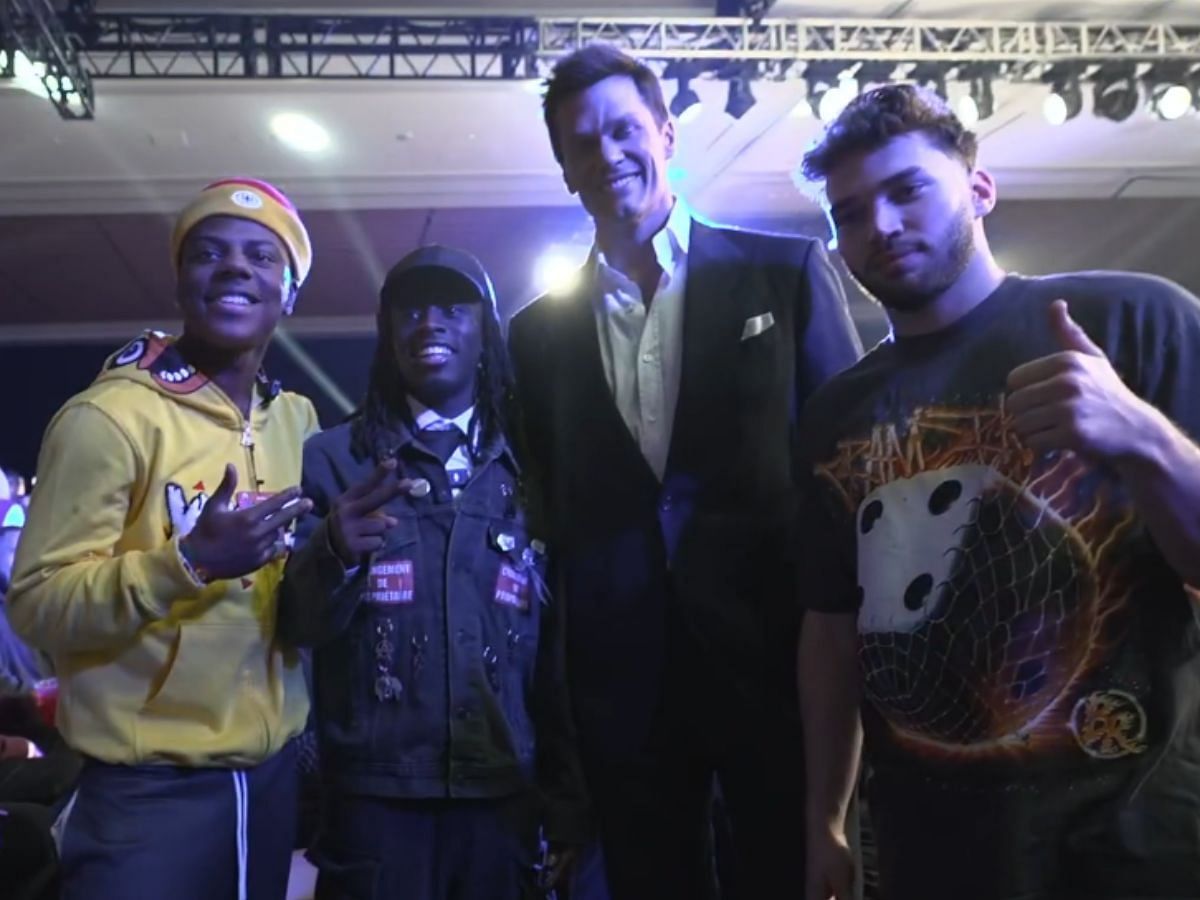 IShowSpeed, Kai Cenat and Adin Ross clicks a picture with Tom Brady (Image via Rumble/The Kai N