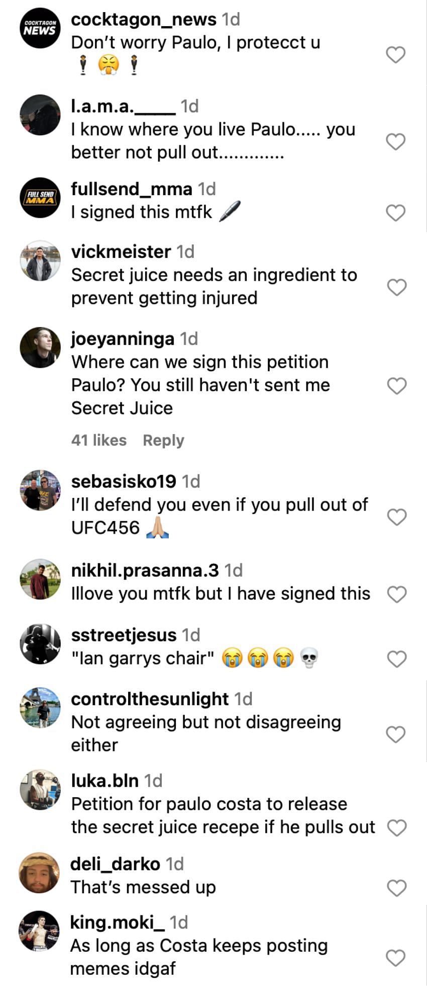 Fan reactions to Paulo Costa&#039;s Instagram post [via @borrachinhamma on Instagram]