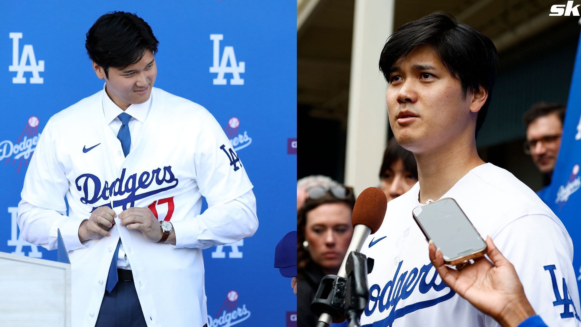 Shohei Ohtani of the Los Angeles Dodgers speaks with the media during DodgerFest at Dodger Stadium