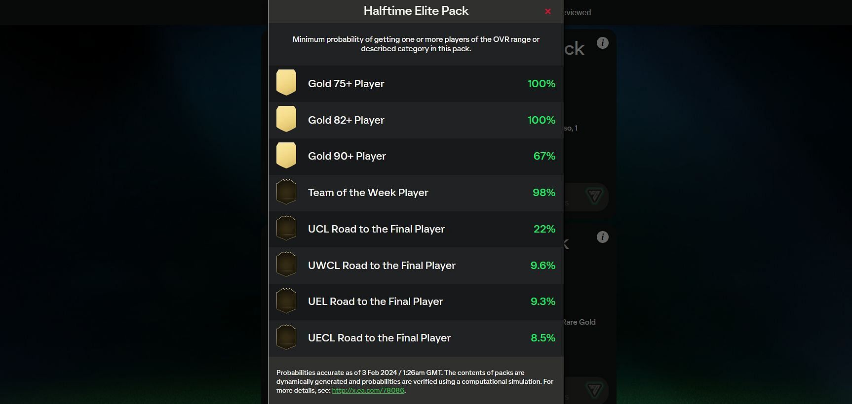 Detailed odds of the pack. (Image via EA Sports)