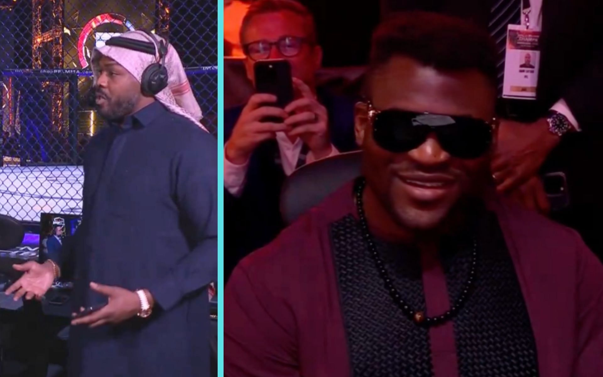 Fans speculate on Francis Ngannou (right) reacting to Jon Jones (left) on the PFL broadcast [Photo Courtesy @DAZNBoxing on X]