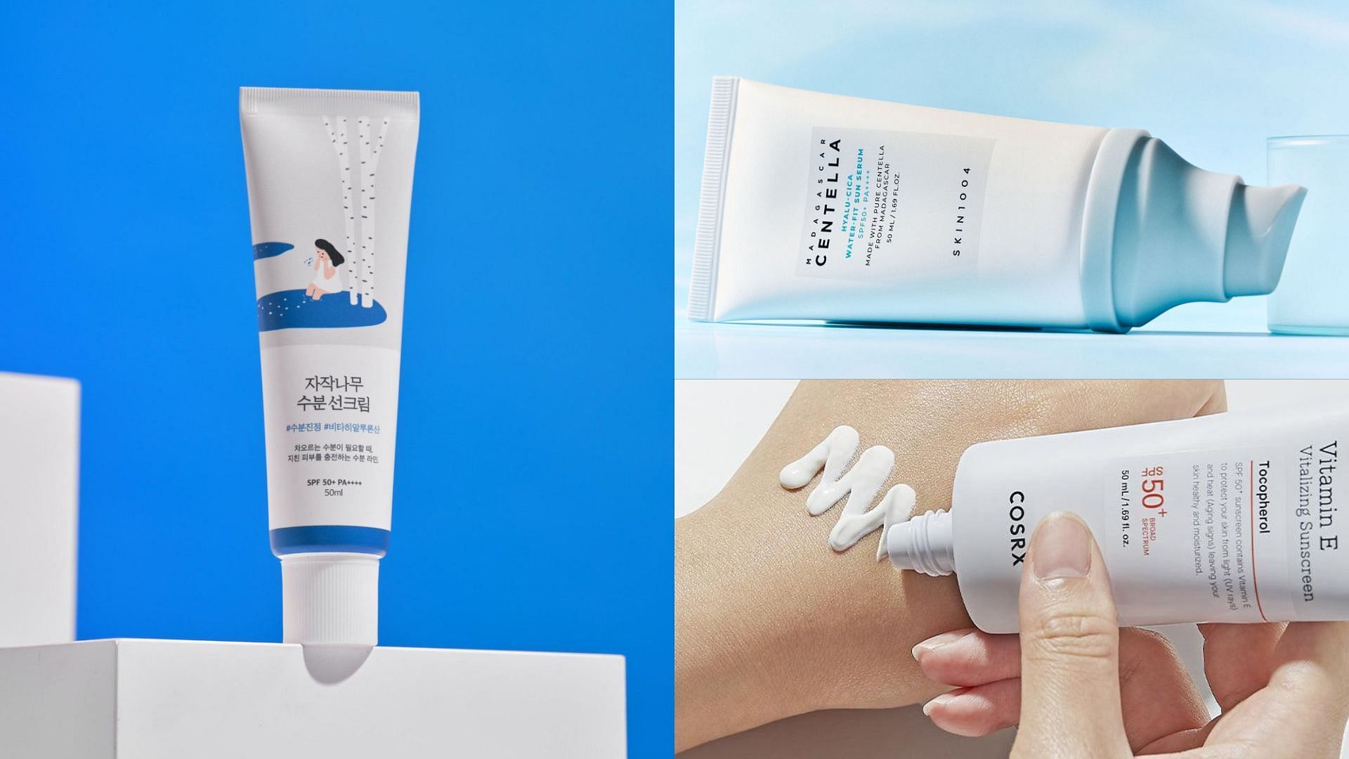 Best Korean chemical sunscreens (Image via COSRX, SKIN1004, Round Lab)