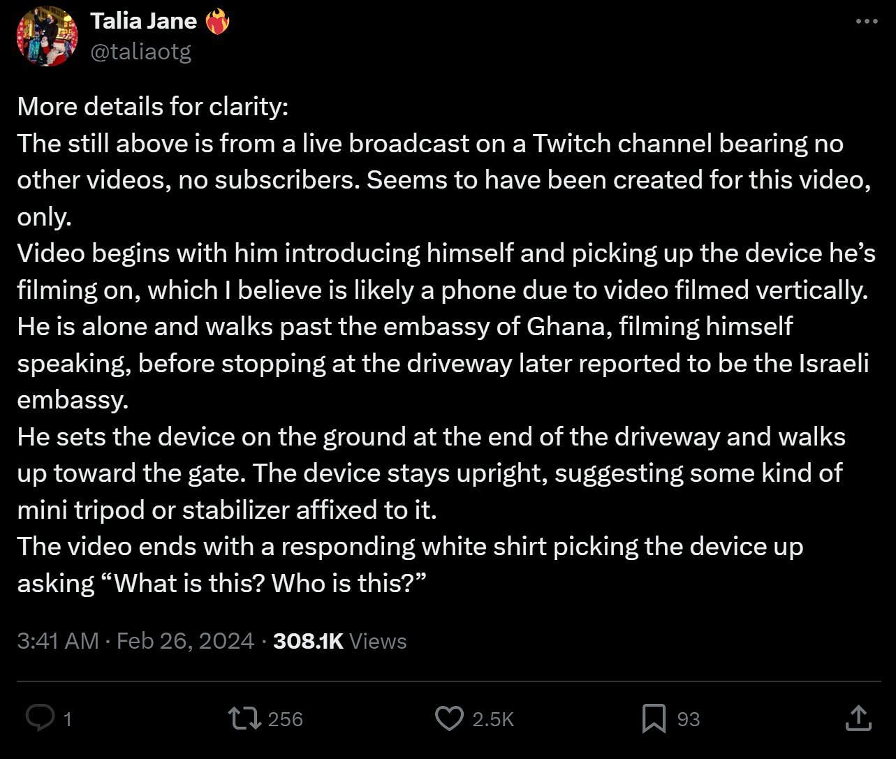 X user @taliaotg&#039;s tweet in which they provided details about Aaron Bushnell&#039;s Twitch broadcast (Image via X)