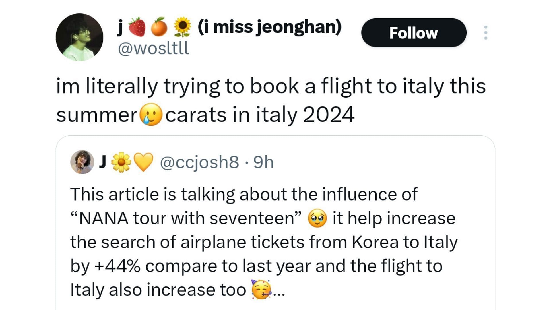 Fans react as NANA TOUR with SEVENTEEN increases flight ticket search from Korea to Italy (Image Via X/@wosltll)