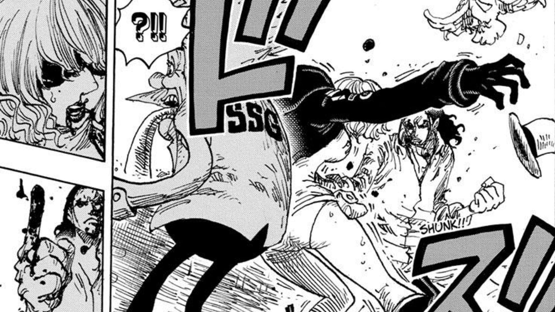 Stussy takes Lucci&#039;s attack to protect Vegapunk (Image via Shueisha)