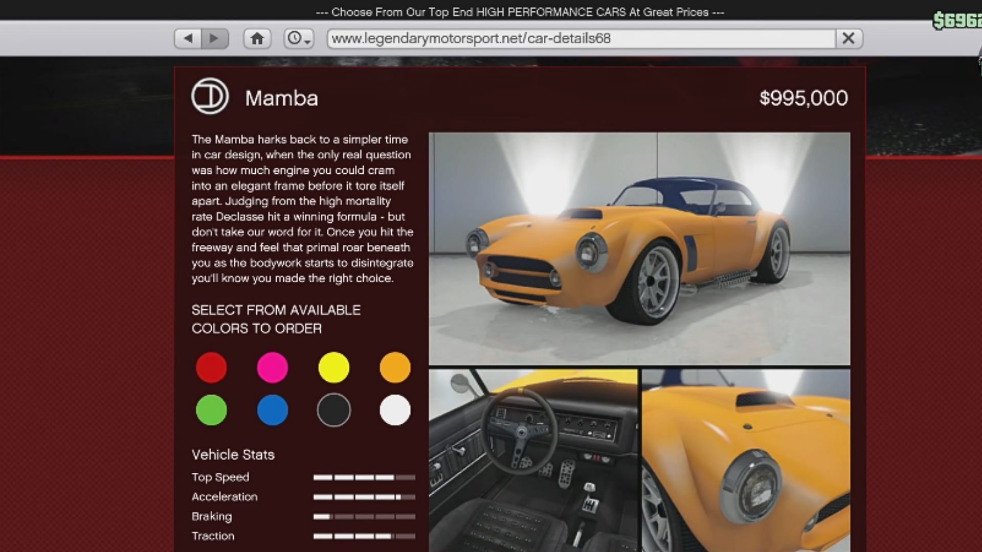 Mamba&#039;s page on Legendary Motorsport (Image via YouTube/Digital Car Addict)