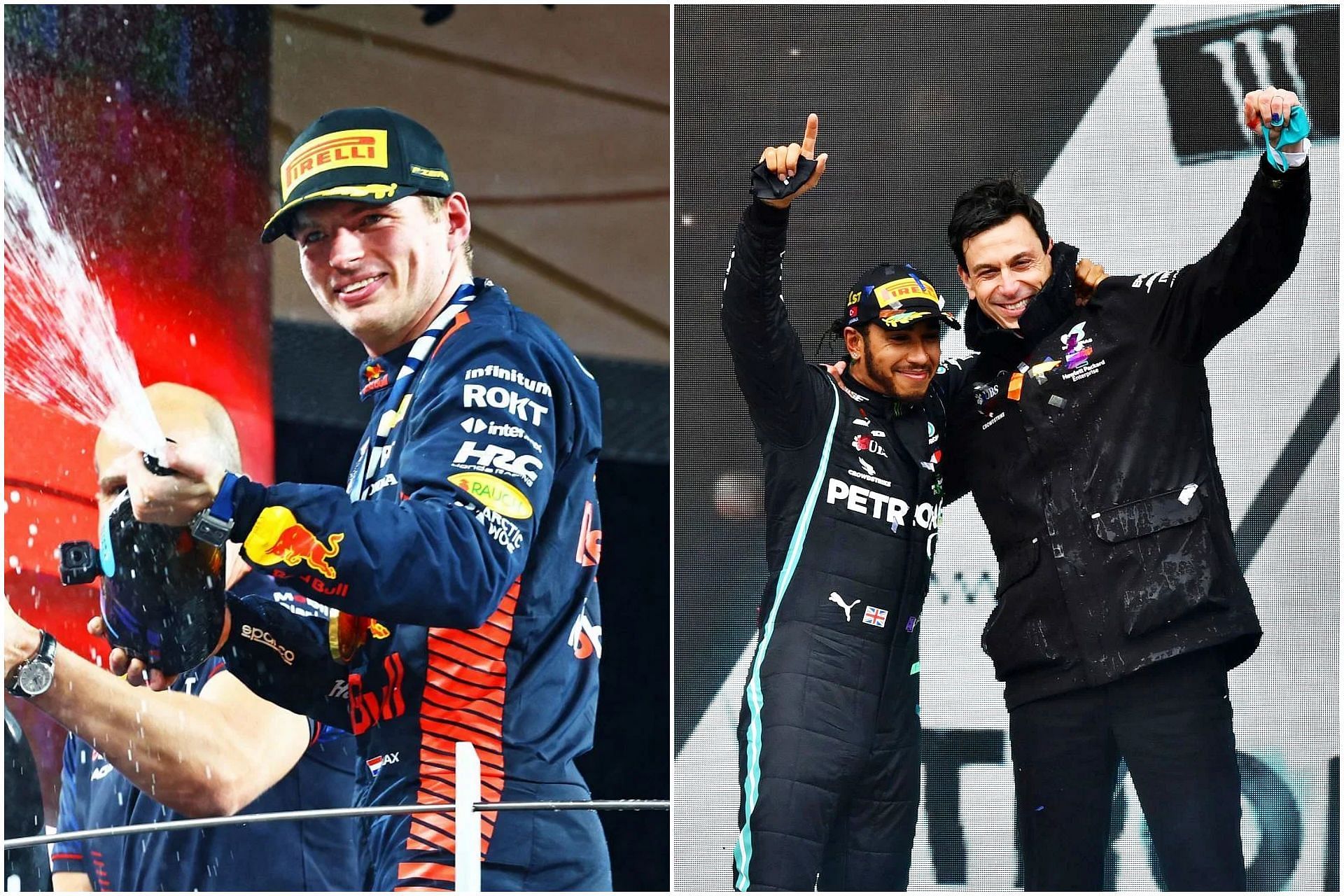 Max Verstappen (L) and Lewis Hamilton with Toto Wolff (R) (Collage via Sportskeeda)