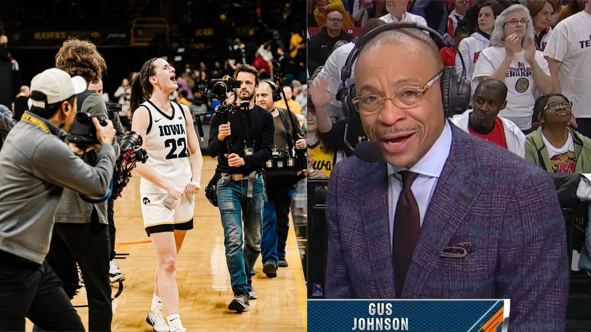 Iowa Hawkeyes basketball star, Caitlin Clark and analyst, Gus Johnson
