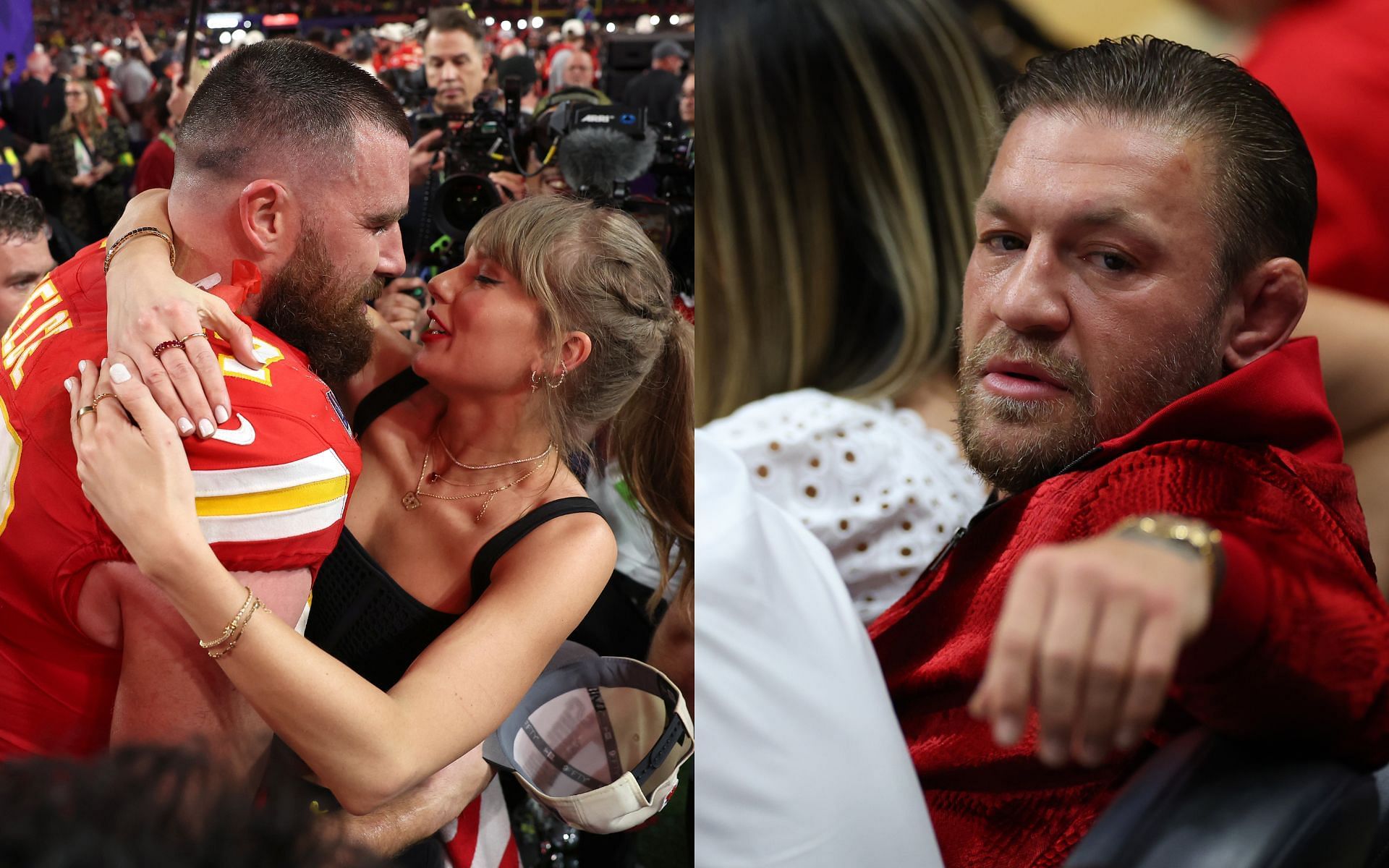 Travis Kelce and Taylor Swift at Super Bowl LVIII (left), Conor McGregor at NBA games (right) [Image credits: Getty Images]