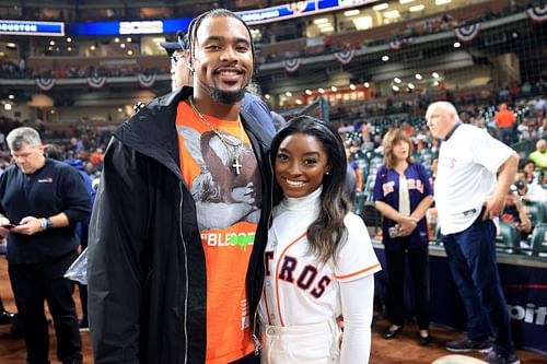 Jonathan Owens and Simone Biles at the World Series - Philadelphia Phillies v Houston Astros - Game One