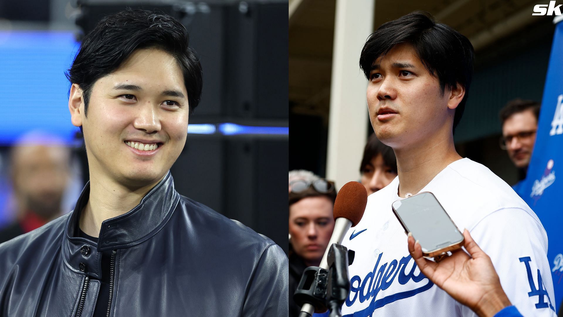 Shohei Ohtani of the Los Angeles Dodgers speaks with the media during DodgerFest at Dodger Stadium