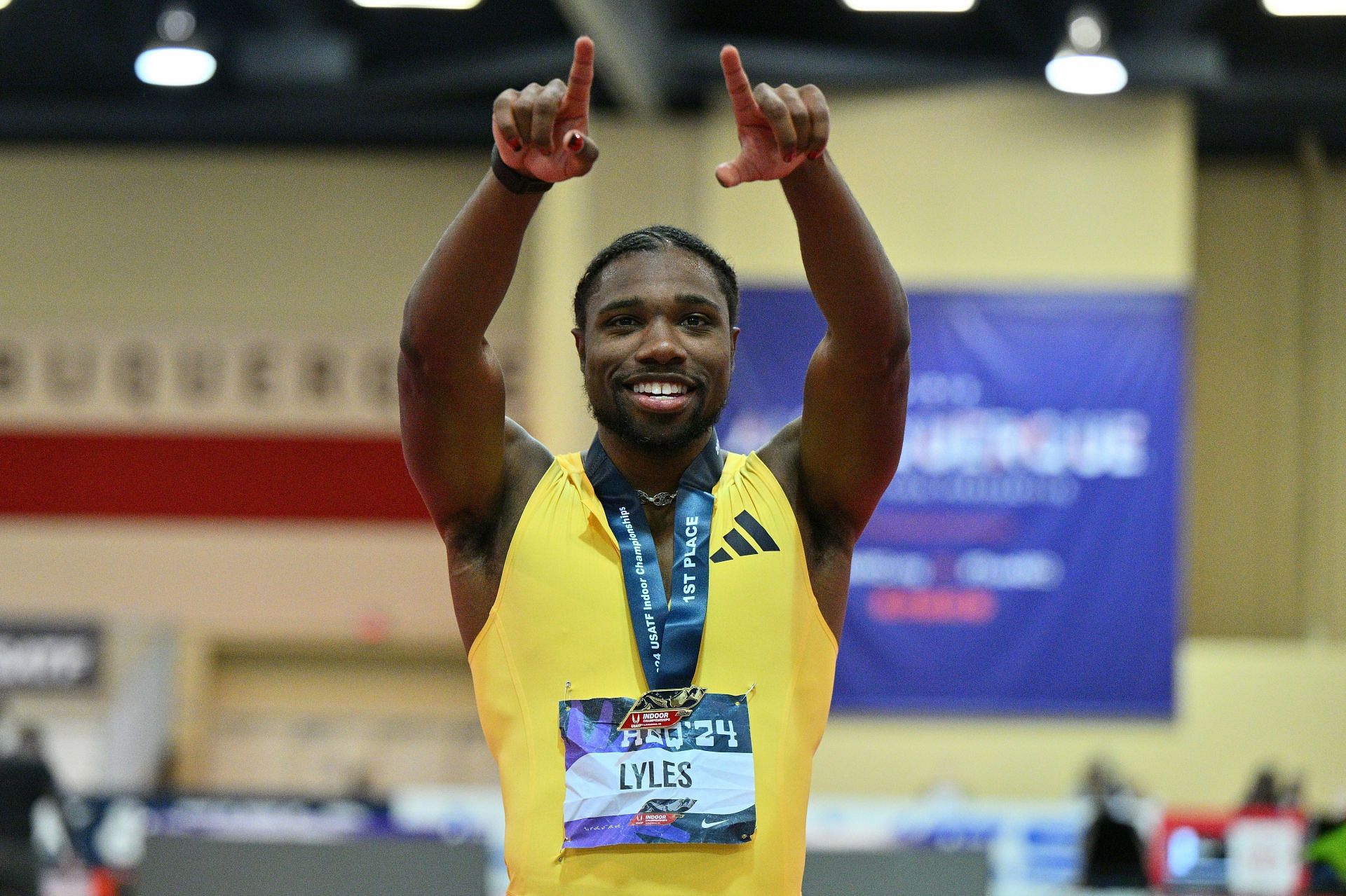 Noah Lyles reacts after winning the Men&#039;s 60m Dash Final during the 2024 USATF Indoor Championships in Albuquerque, New Mexico.