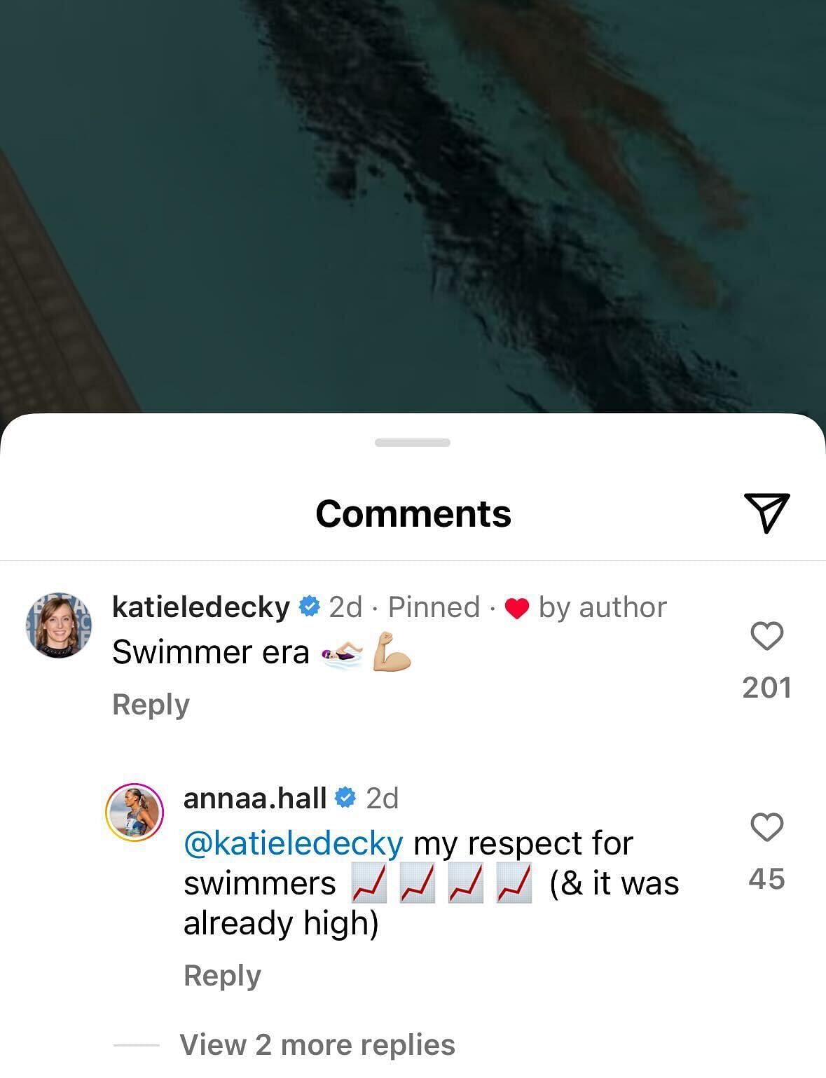 Screenshot of Katie Ledecky&#039;s comment on Anna Hall&#039;s Instagram post.