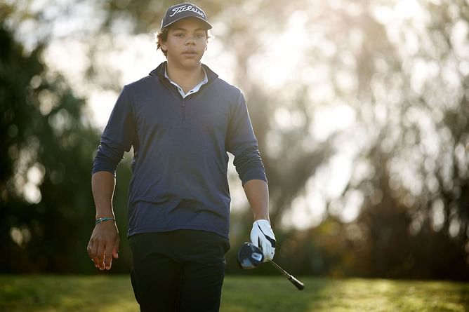 Is Tiger Woods’ son Charlie Woods wearing father's brand Sun Day Red at the Cognizant Classic pre-qualifier?