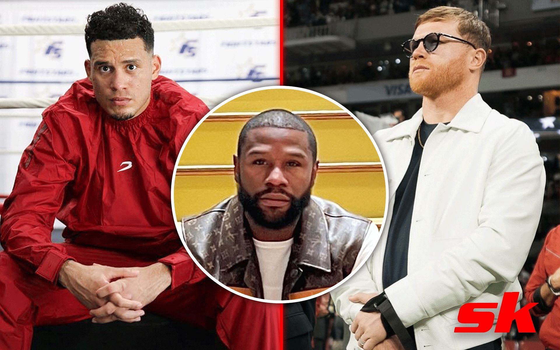 Floyd Maweather (middle) talks about the Canelo Alvarez (right) and David Benavidez (left) situation [Image via: @benavidez300, @floydmayweather and @canelo on Instagram] 
