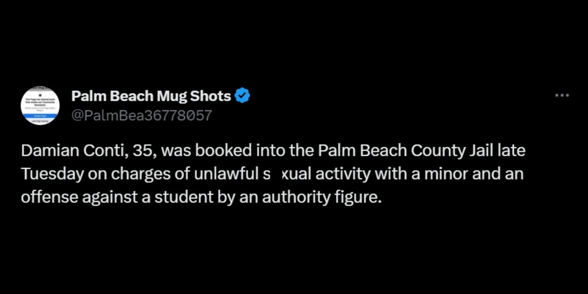 Conti was booked into Palm Beach County Jail. (Image via X/@@PalmBea36778057)