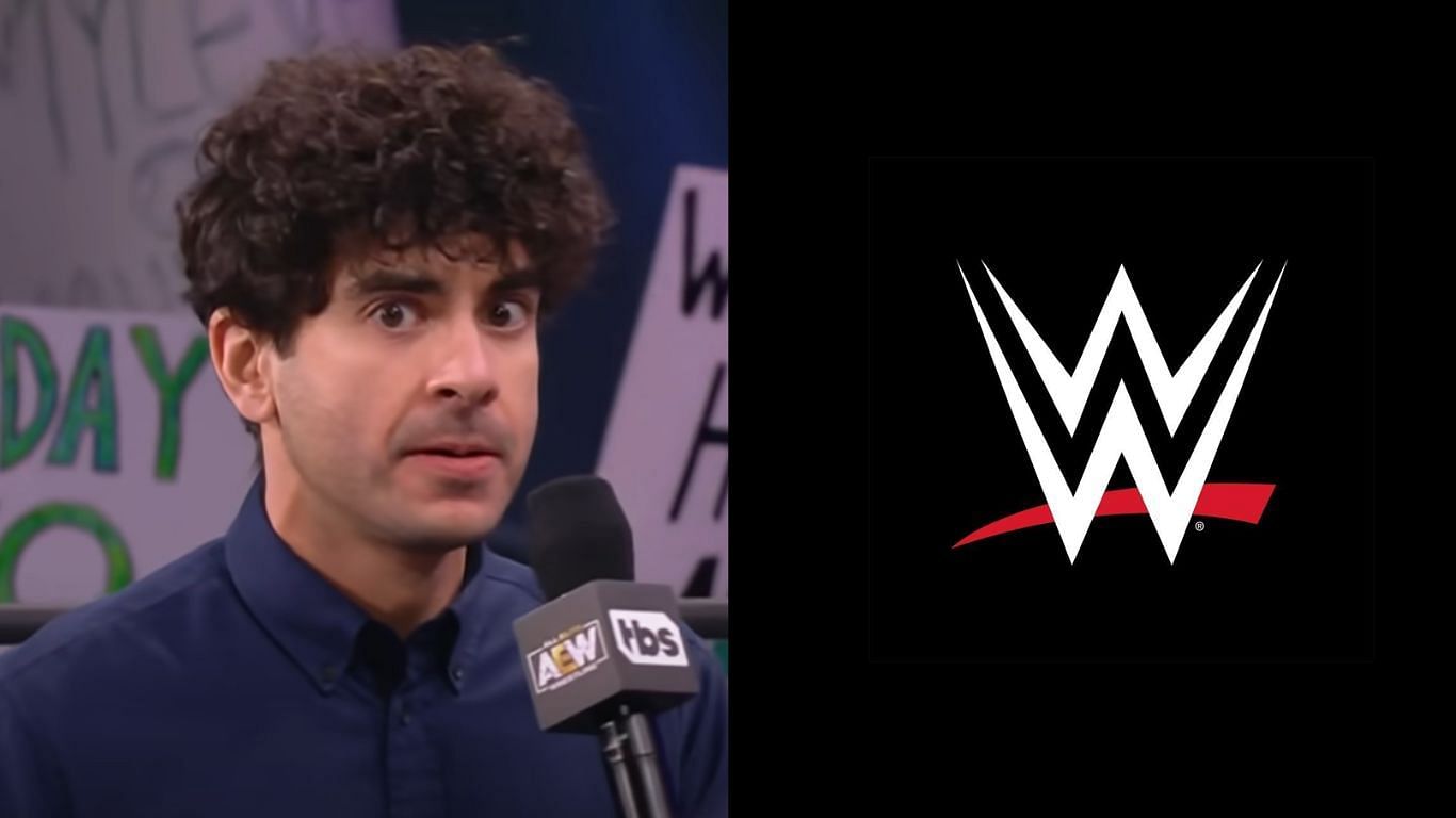 Tony Khan (left), WWE logo (right)
