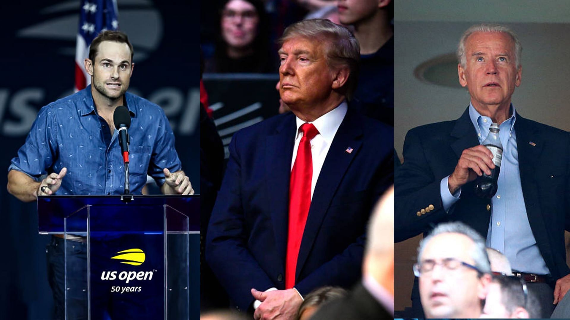 Andy Roddick (L), Donald Trump (centre) and Joe Biden (R)