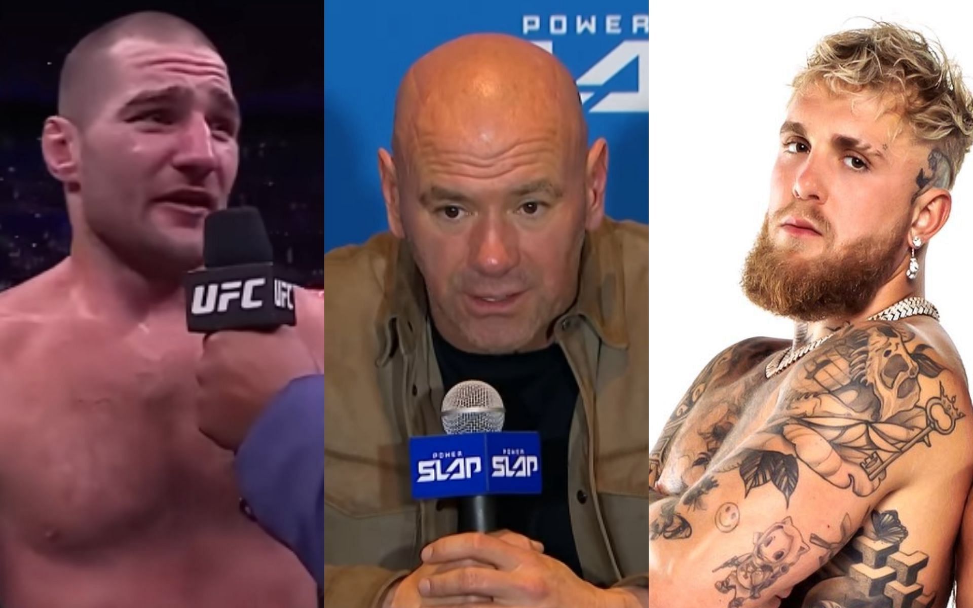 Sean Strickland [Left] revealed what preventing him [Dana White, Middle] from fighting Jake Paul [Right] [Image courtesy: UFC - YouTube, and @MostVpromotions  - X]