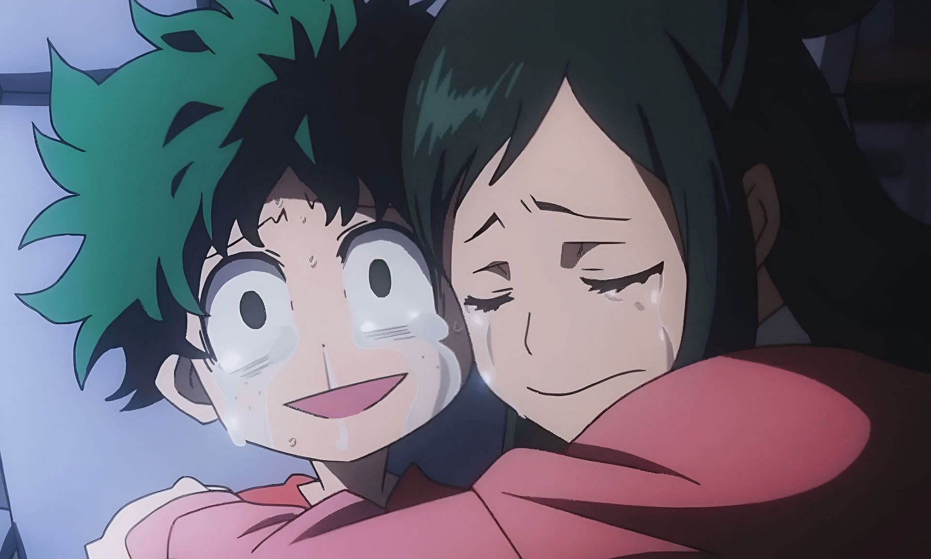 A young Deku (left) realizes he will never be able to get a quirk with his mother (right) (Image via Bones)