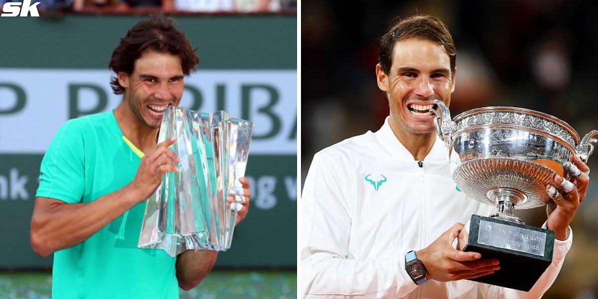 Rafael Nadal with Indian Wells title (L) and Nadal with French Open trophy (R)